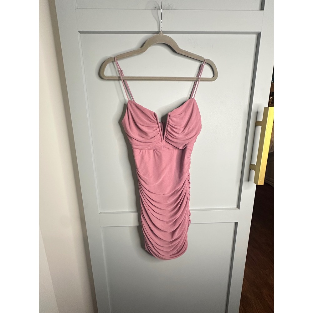 Hello Molly Pink Ruched Mesh Mini Dress V-Neck Bodycon Size 8 L AU12